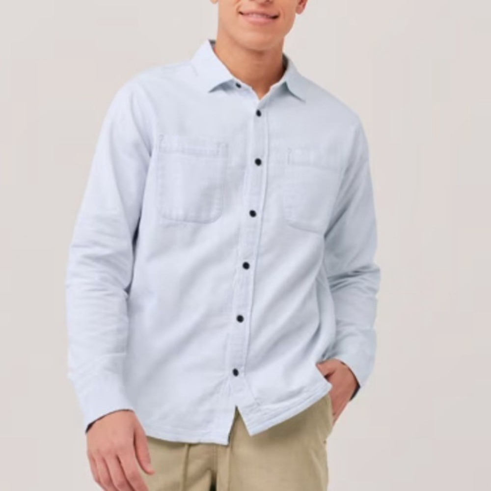 Pact Organic Long Sleeve Button Down‎ Shirt Light WASH MEN Large CHAMBRAY RANCH